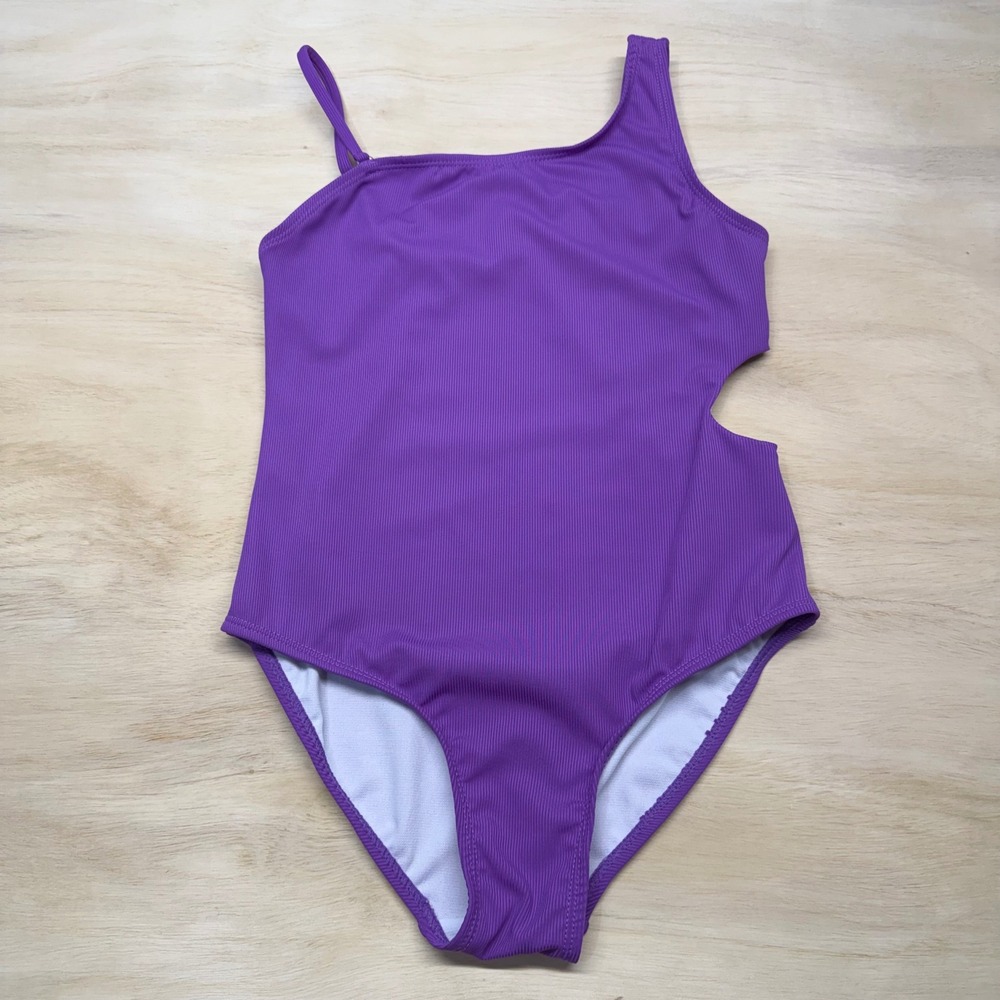 Andy & Evan‎ Girls Purple Ribbed One Piece Swimsuit Cutout Size M 10 NWT
